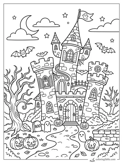 Cartoon haunted castle with crooked towers, bats, ghosts, pumpkins, moon, stars, and bare trees