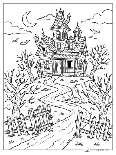Cartoon haunted house on a hill with crescent moon, bats, bare trees, winding path, and broken gate