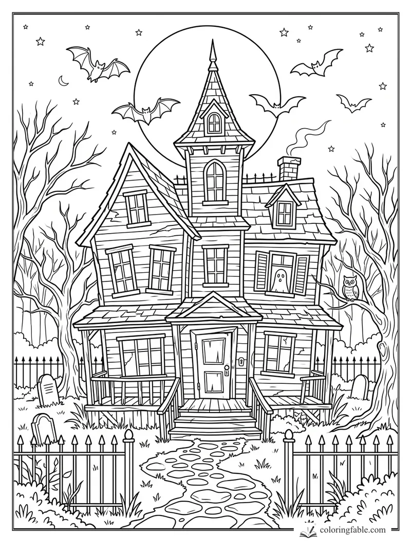 Haunted Halloween house with bats, bare trees, owl, ghost, moon, fence, and winding stone path.