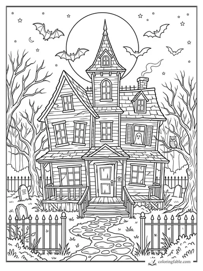 Haunted Halloween house with bats, bare trees, owl, ghost, moon, fence, and winding stone path.