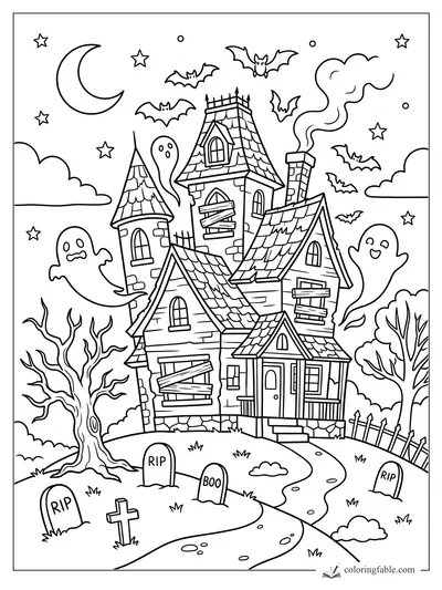 Cartoon haunted house with crooked roofs, ghosts, bats, gravestones, bare trees, moon and stars.