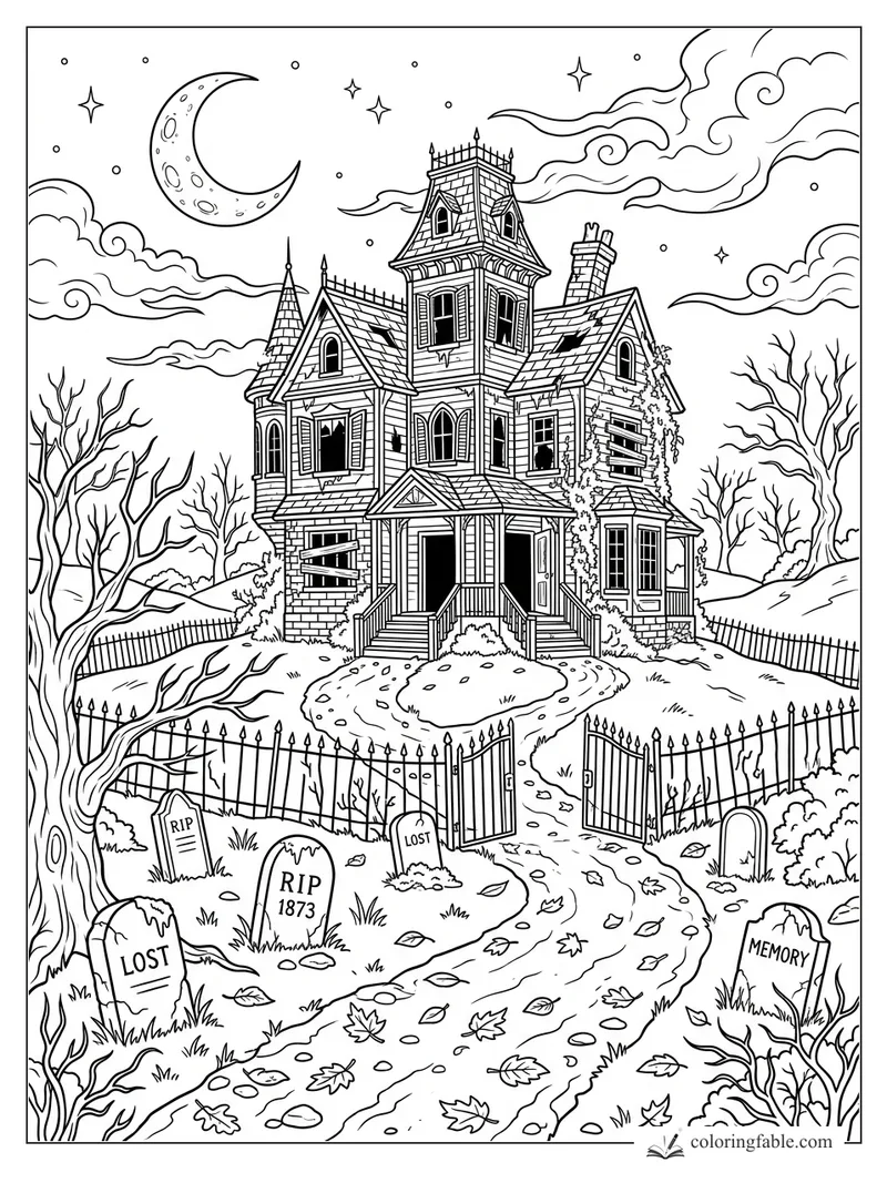 Crooked haunted house with crescent moon, bare trees, iron gate, winding path, and gravestones marked Lost and Memory.