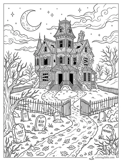 Crooked haunted house with crescent moon, bare trees, iron gate, winding path, and gravestones marked Lost and Memory.