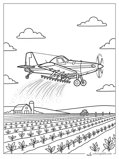 Crop duster airplane spraying dotted trails over planted farm rows, with barn, tractor, hills, and clouds.