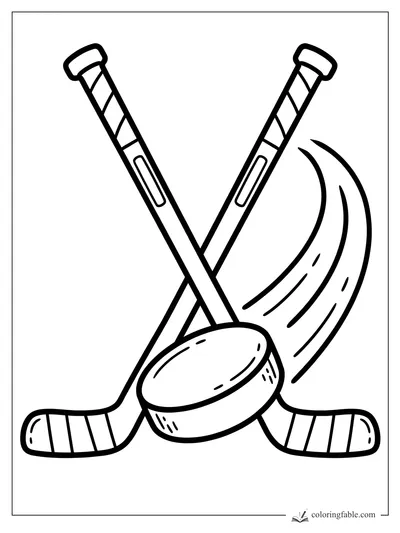 Easy coloring page of two crossed hockey sticks with a puck and curved motion lines