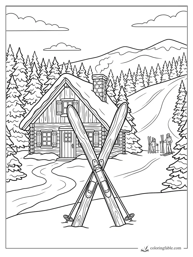 Crossed wooden skis in front of a snowy log cabin, pine forest, ski trail, and mountain peaks