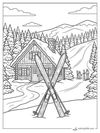 Crossed wooden skis in front of a snowy log cabin, pine forest, ski trail, and mountain peaks