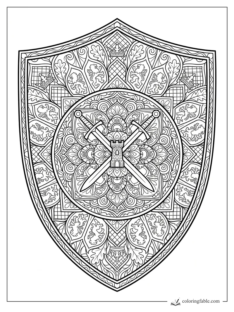 Intricate knight shield mandala with crossed swords, castle tower, crowns, lions, leaves, and scrollwork