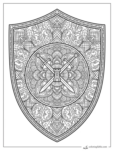 Intricate knight shield mandala with crossed swords, castle tower, crowns, lions, leaves, and scrollwork