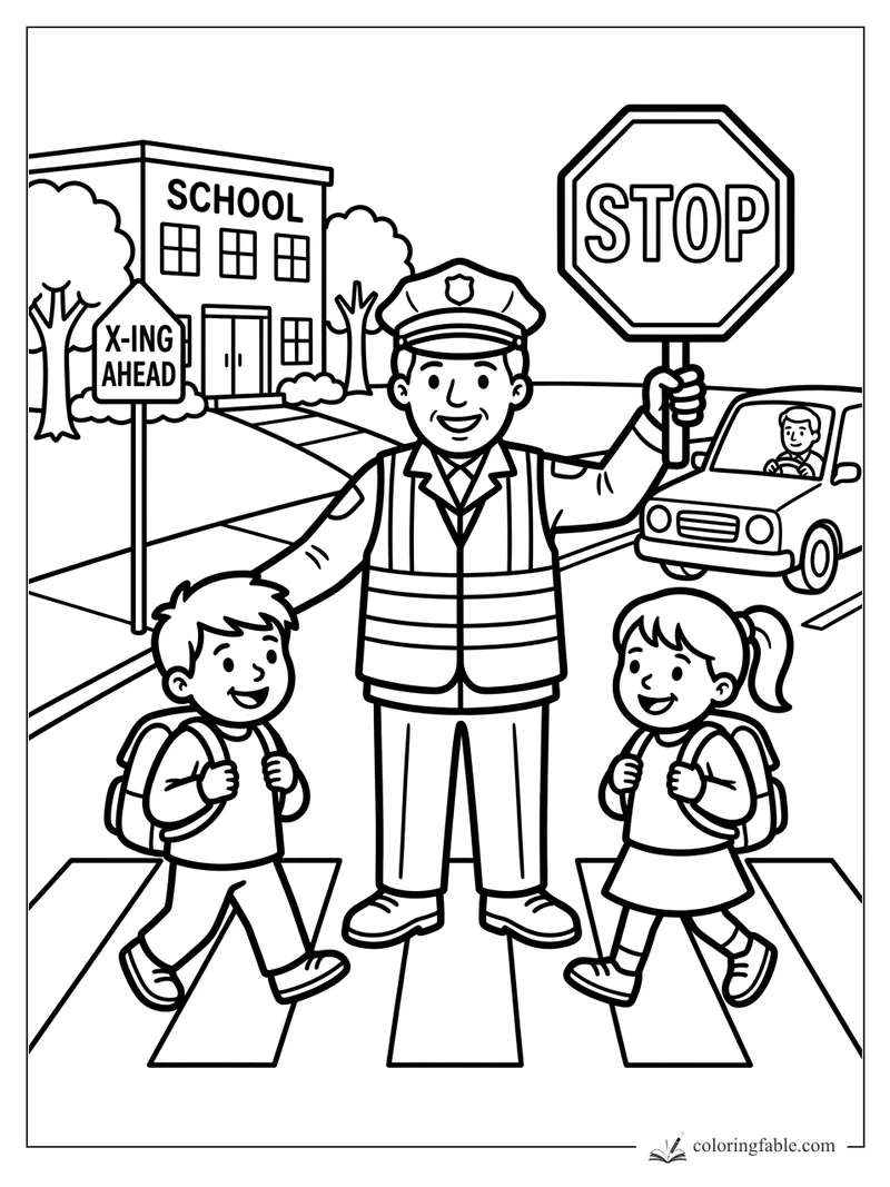 Crossing guard holds a stop sign for two kids in a crosswalk outside a school.