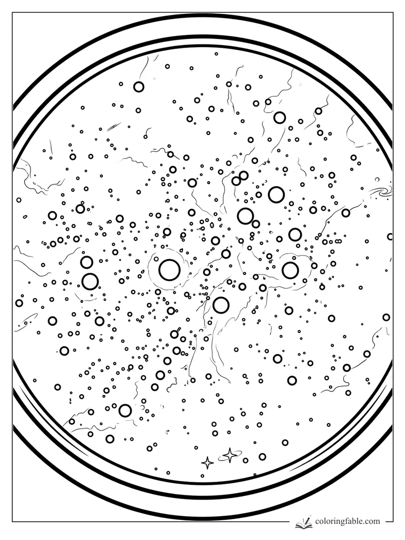 Realistic circular telescope view filled with stars, nebula wisps, and tiny spiral galaxies