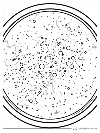 Realistic circular telescope view filled with stars, nebula wisps, and tiny spiral galaxies
