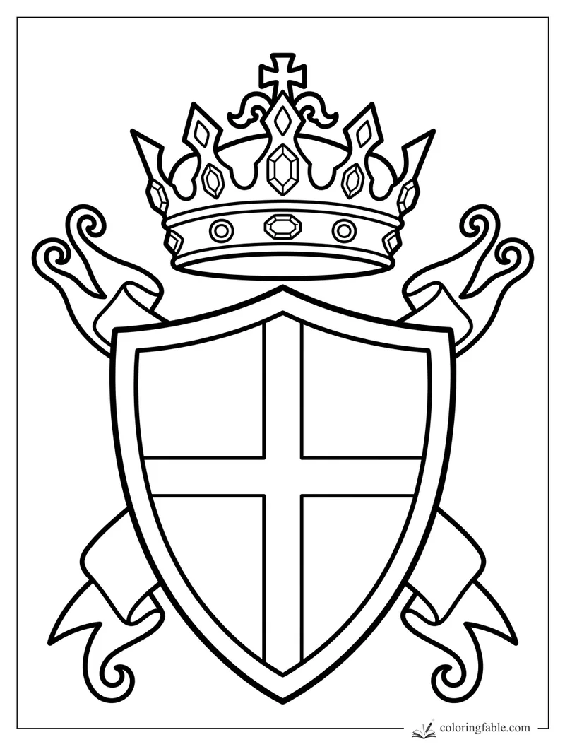 Bold crown with jewels above a shield marked by a cross and curled ribbons