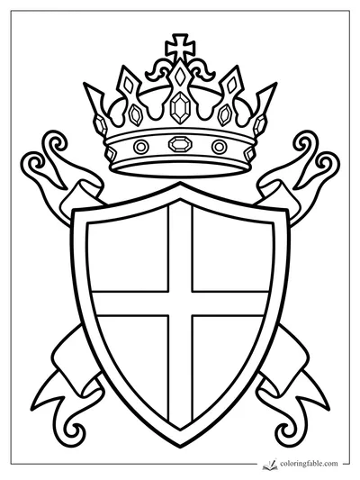 Bold crown with jewels above a shield marked by a cross and curled ribbons