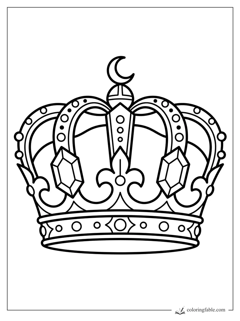 Minimalist crown coloring page with crescent moon top, arched bands, dots, and two large gems