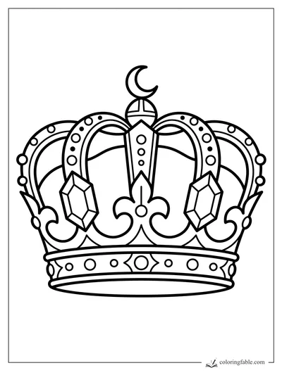 Minimalist crown coloring page with crescent moon top, arched bands, dots, and two large gems