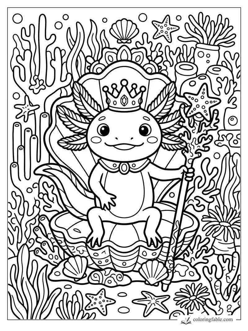 Smiling crowned axolotl on a shell throne with coral, starfish, bubbles, and a seaweed wand.