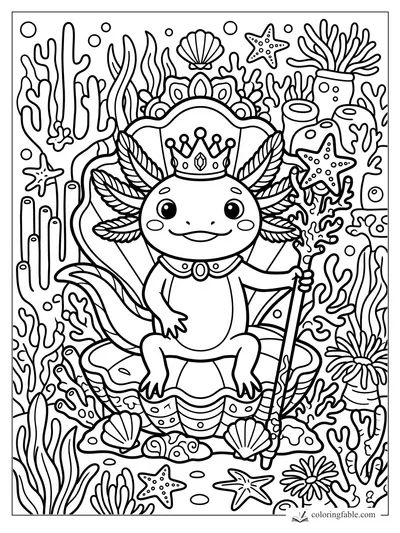 Smiling crowned axolotl on a shell throne with coral, starfish, bubbles, and a seaweed wand.