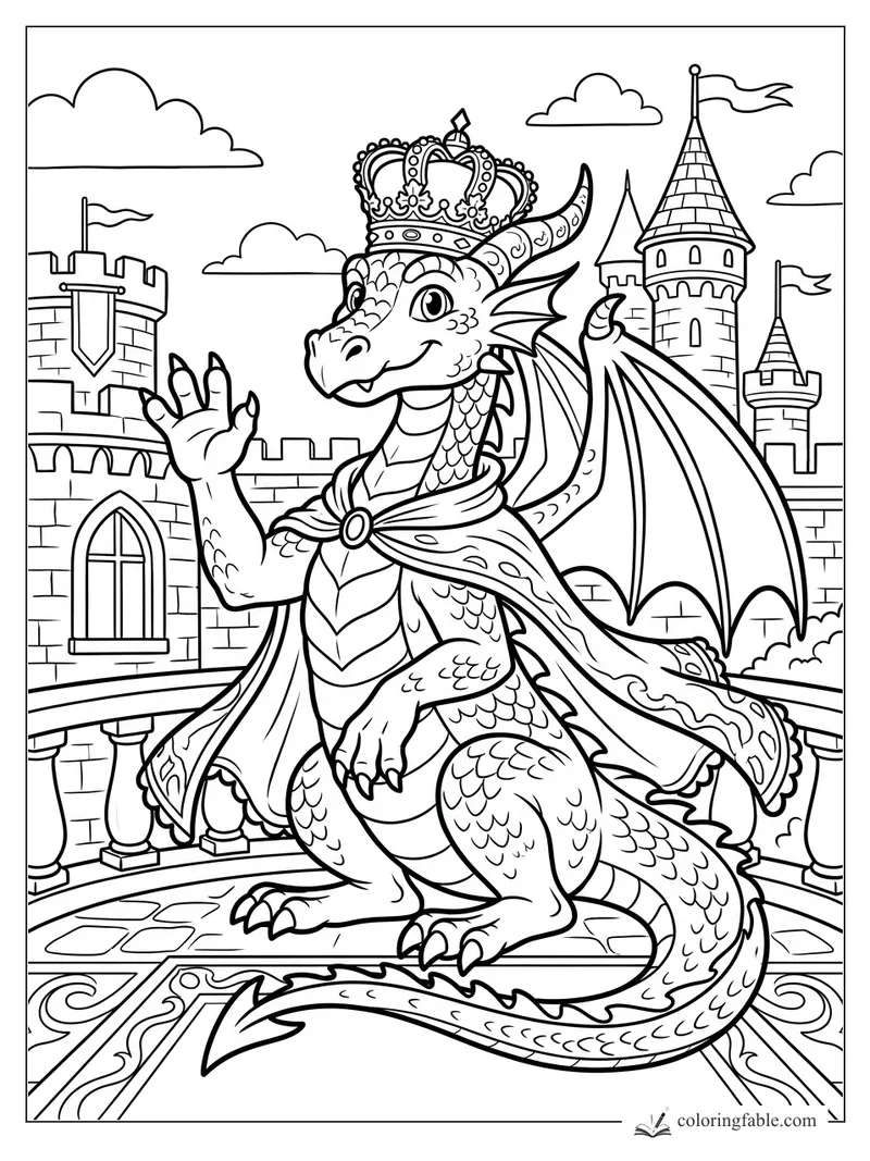 Smiling crowned dragon in a cape waving on a castle balcony with towers, flags, and clouds