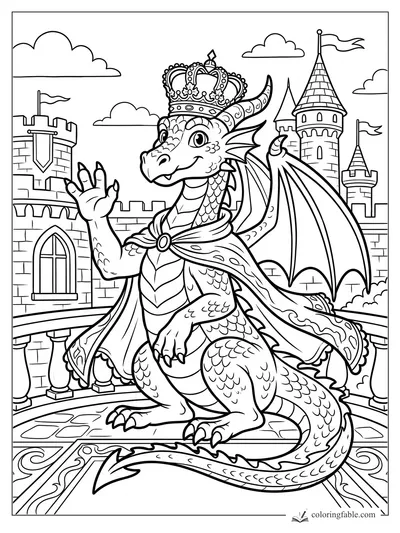 Smiling crowned dragon in a cape waving on a castle balcony with towers, flags, and clouds