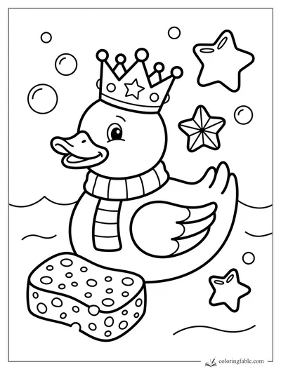 Smiling duck in a crown and scarf floating by a holey cheese wedge, bubbles, waves, and stars.