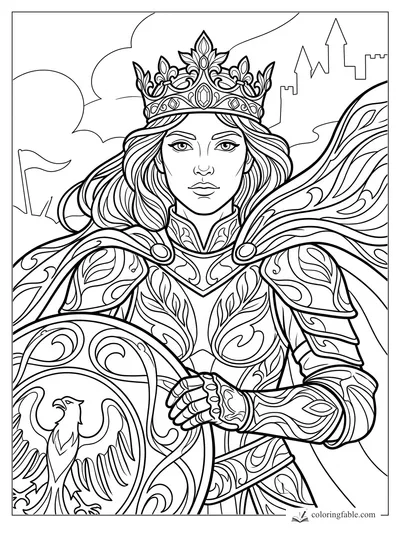 Art nouveau fantasy queen in leaf-patterned armor holding a phoenix shield before castle towers