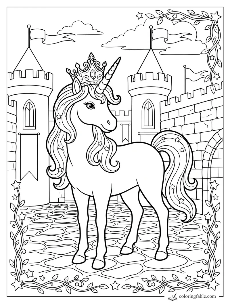 Crowned unicorn with starry mane standing in a castle courtyard with flags, vines, and cobblestones
