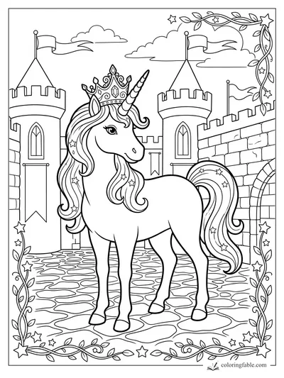 Crowned unicorn with starry mane standing in a castle courtyard with flags, vines, and cobblestones