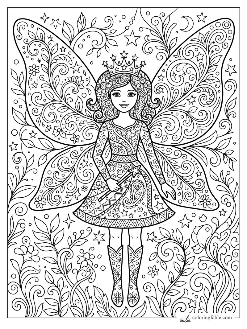 Intricate zentangle fairy with crown, star wand, patterned wings, flowers, vines, moon, and stars.