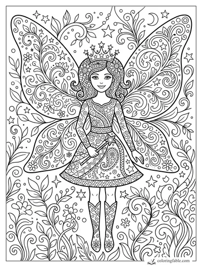 Intricate zentangle fairy with crown, star wand, patterned wings, flowers, vines, moon, and stars.
