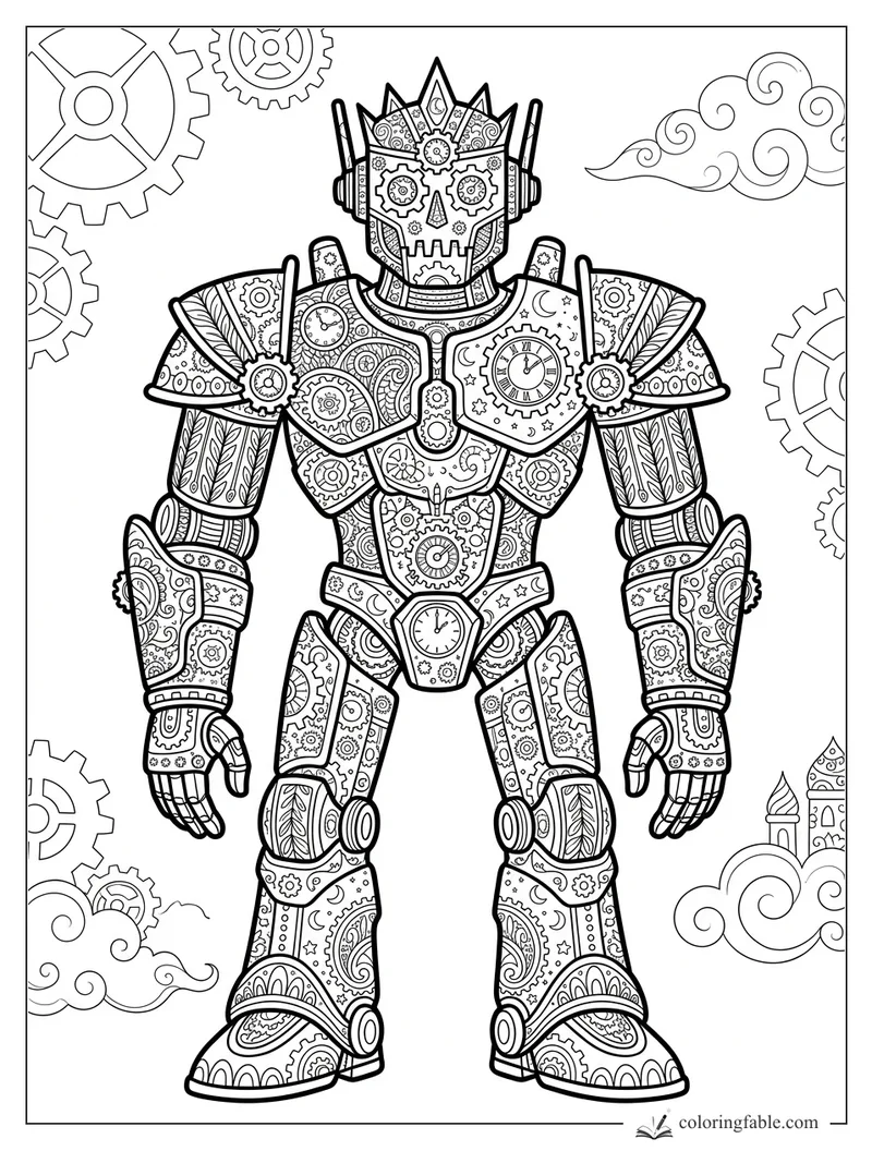 Intricate zentangle robot with a crown-like helmet, gear eyes, clock chest plates, clouds, and floating cogs.