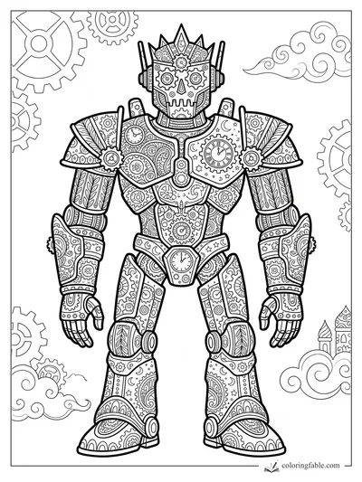Intricate zentangle robot with a crown-like helmet, gear eyes, clock chest plates, clouds, and floating cogs.