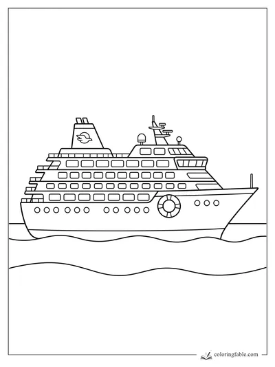 Easy coloring page of a cruise ship with rows of windows, decks, lifebuoy, and rolling ocean waves.