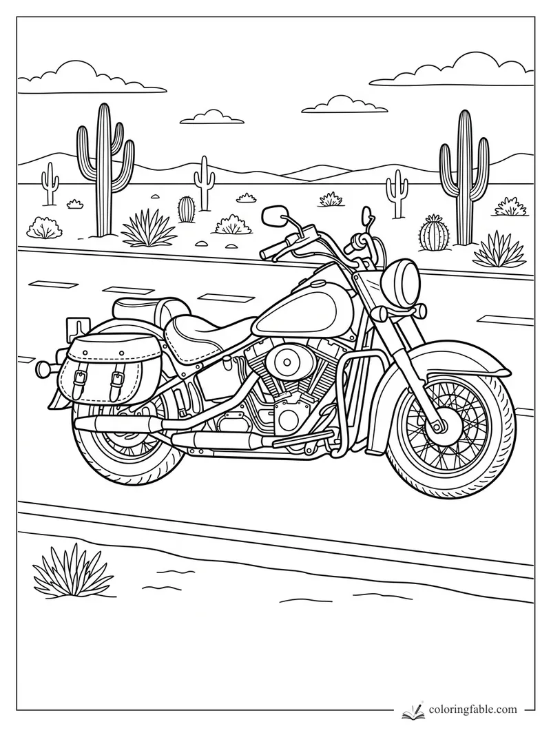Realistic cruiser motorcycle parked on a desert road with saguaros, cacti, clouds, and distant hills.