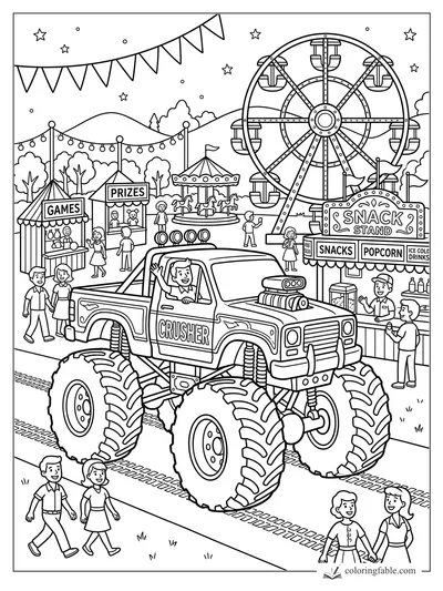 Vintage monster truck Crusher at a carnival with Ferris wheel, snack stand, games, prizes, and waving crowds.
