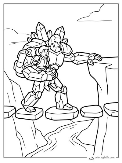 Young hero riding a crystal golem over cliff stepping stones in bold fantasy coloring page
