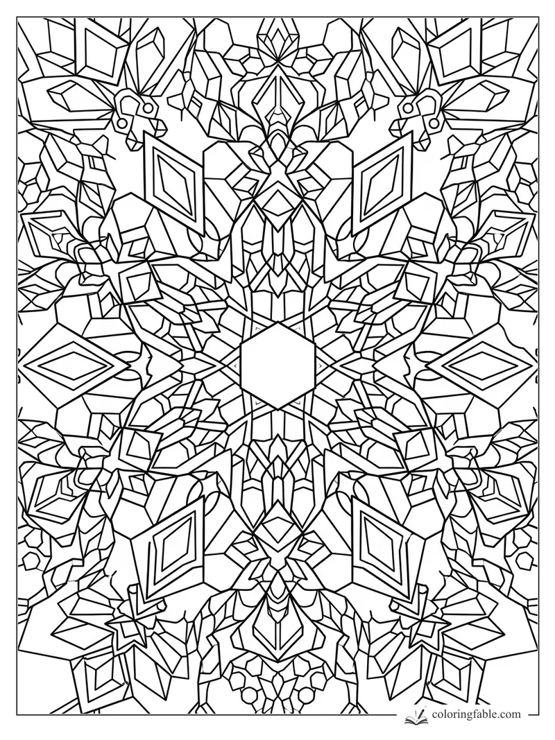 Intricate crystal mandala coloring page with mirrored diamonds, facets, and a blank hexagon center.