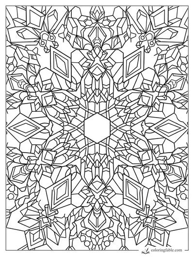 Intricate crystal mandala coloring page with mirrored diamonds, facets, and a blank hexagon center.