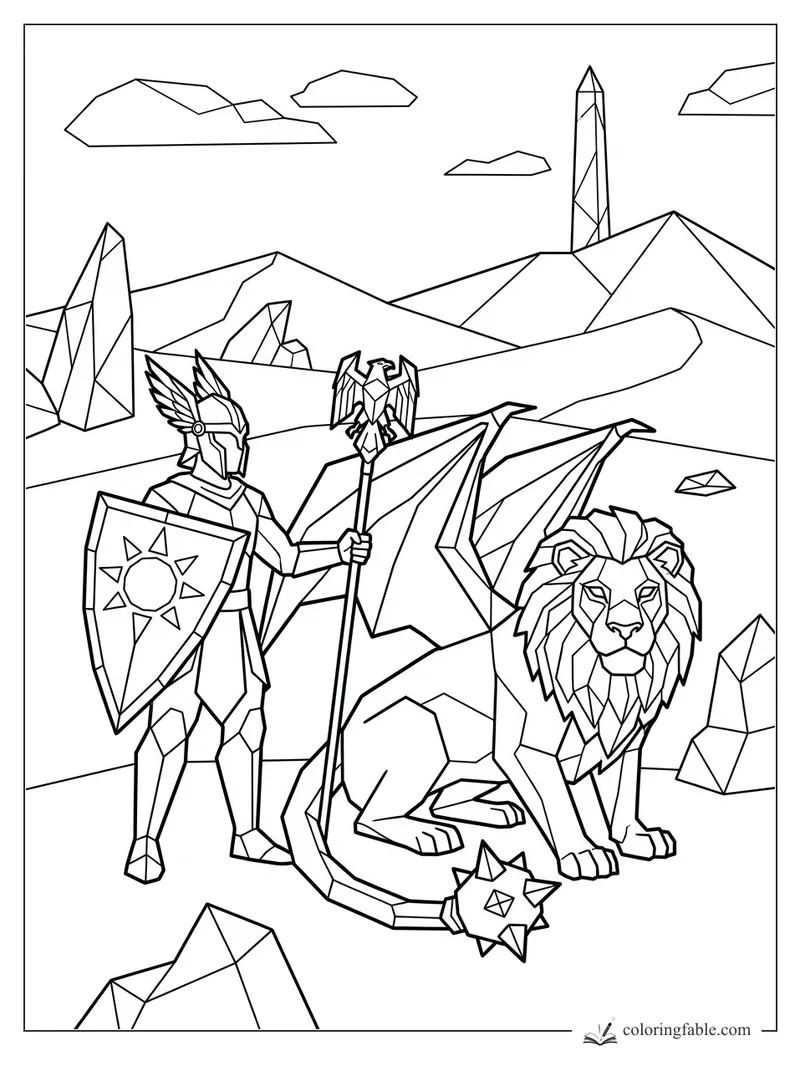 Geometric knight with sun shield beside a winged lion, eagle staff, crystals, mountains, and obelisk