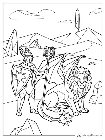Geometric knight with sun shield beside a winged lion, eagle staff, crystals, mountains, and obelisk