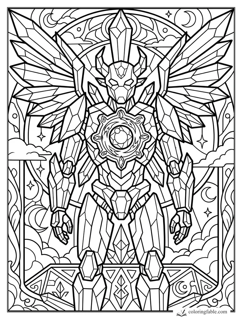 Stained-glass robot with crystal wings, horned helmet, glowing chest orb, moons, clouds, and stars