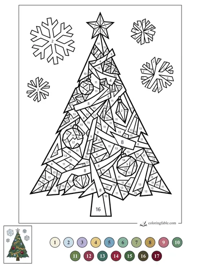 Cubist Christmas Tree with Angular Snowflakes — color by number