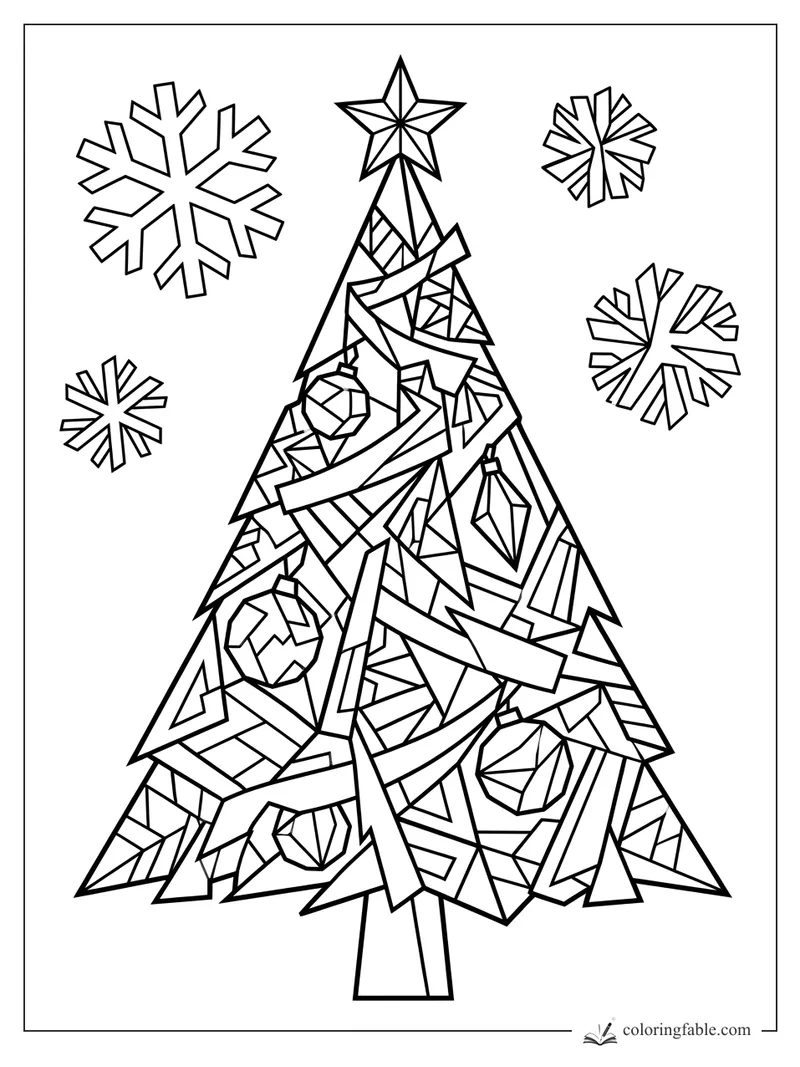 Intricate cubist Christmas tree with a faceted star, ribbon bands, ornaments, and four angular snowflakes.