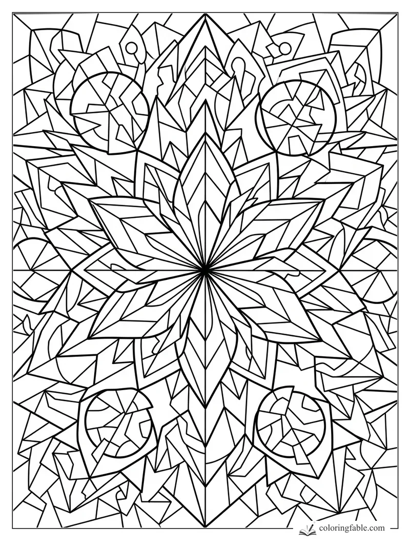 Intricate cubist mandala with a sharp-petaled crystal flower, angular shards, and four round leaf-like medallions.