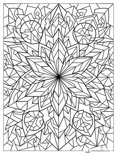 Intricate cubist mandala with a sharp-petaled crystal flower, angular shards, and four round leaf-like medallions.