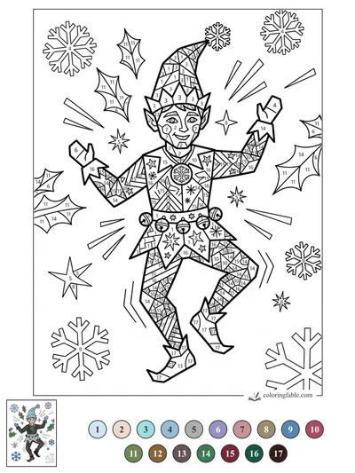 Cubist Elf Dancing Among Snowflakes — color by number