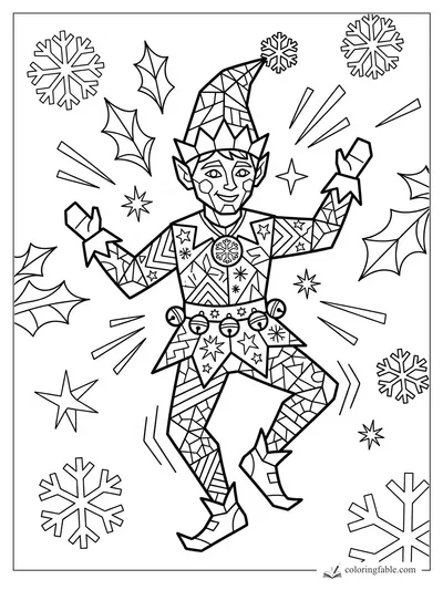 Cubist elf dancing with raised mittens, patterned hat, jingle belt, holly leaves, stars, and snowflakes
