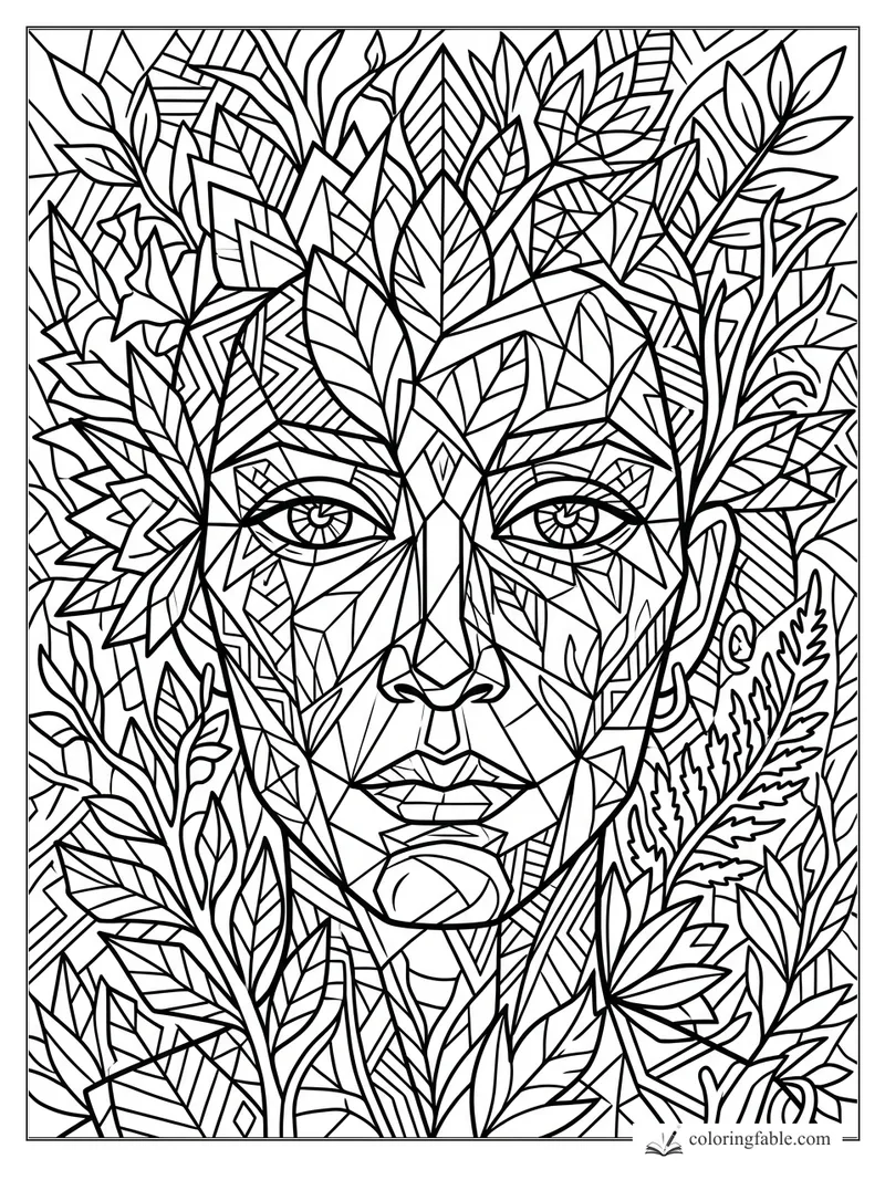 Intricate cubist face surrounded by layered leaves, ferns, and angular geometric patterns.