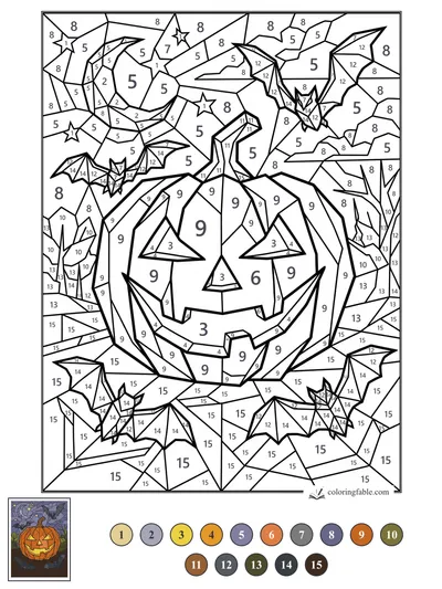 Cubist Jack-o’-Lantern with Bats and Stars — color by number