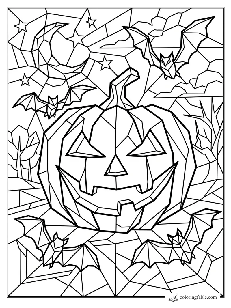 Intricate cubist jack-o’-lantern with angular bats, stars, clouds, and bare trees